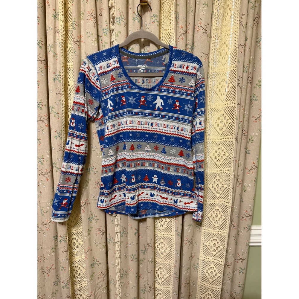 Brooks Run Merry Christmas Running Shirt Blue Long Sleeve Size M